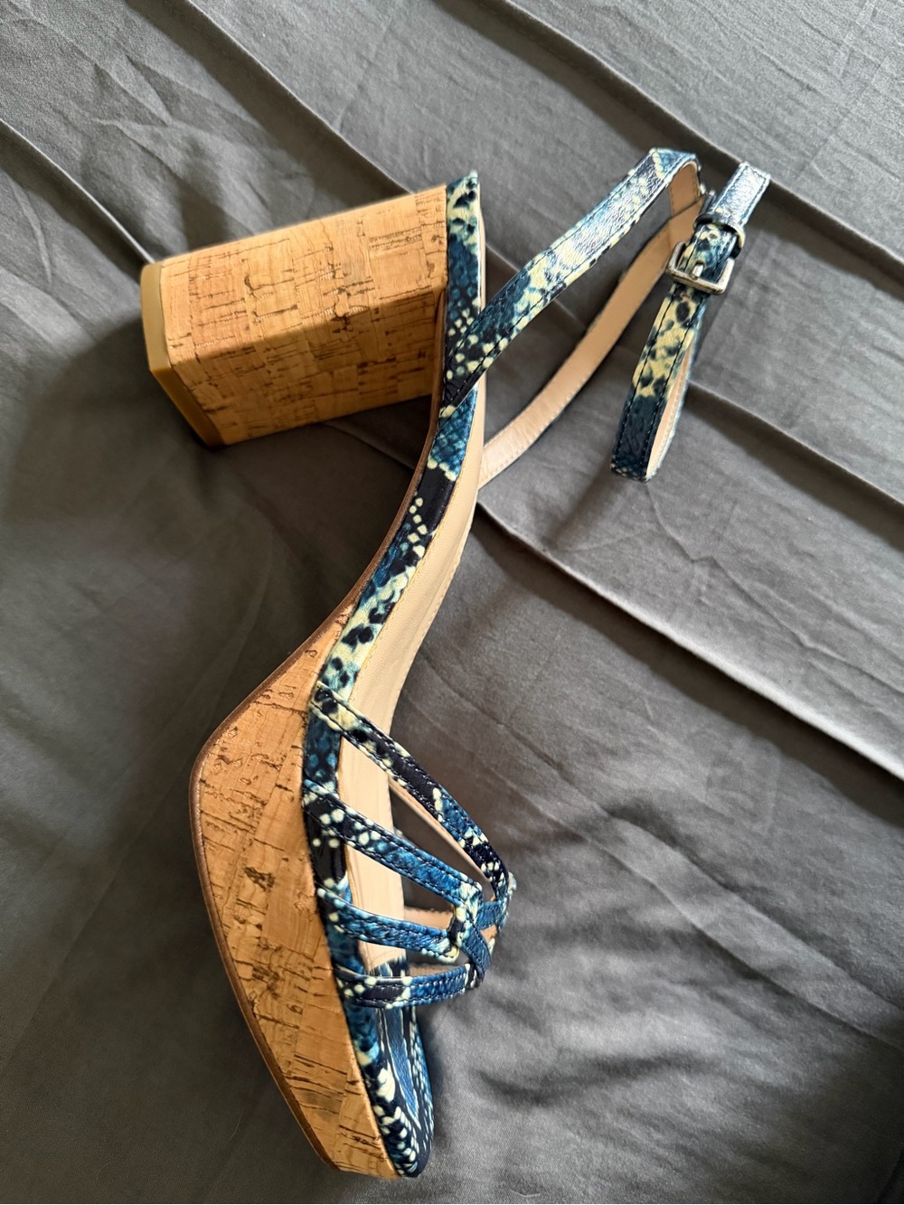 Blue Snake-Print Cork Platform Sandals with Ankle Strap
